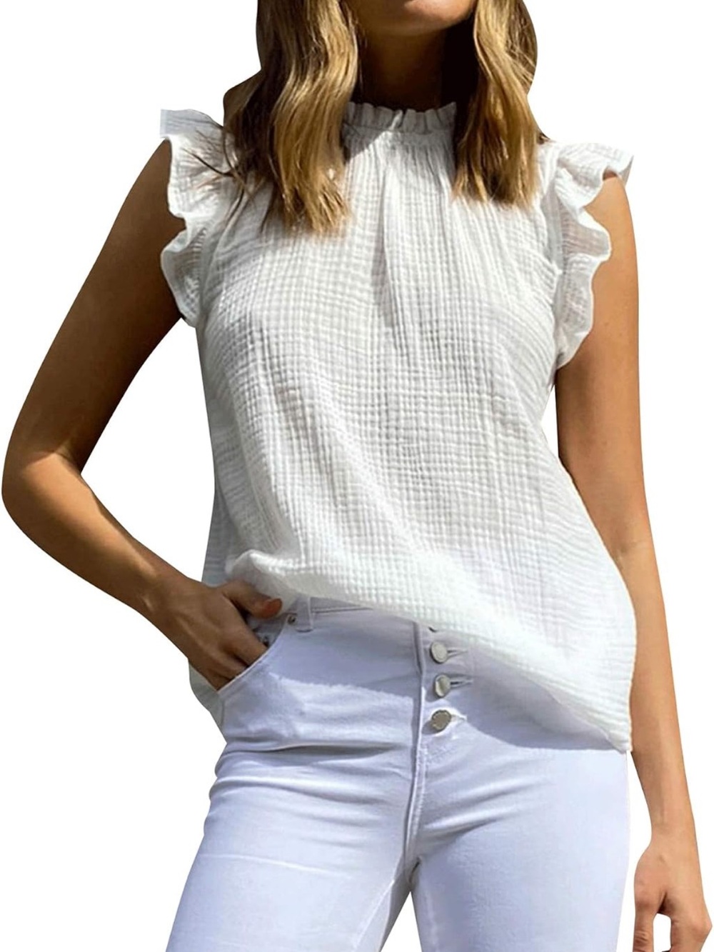 White Crepe Mock Neck Ruffle Blouse Size Small - Picture 2 of 10